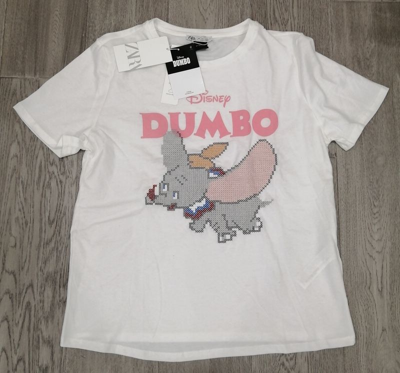 ZARA Women's Embroidered Disney Dumbo T-Shirt – White – 100% Cotton – New