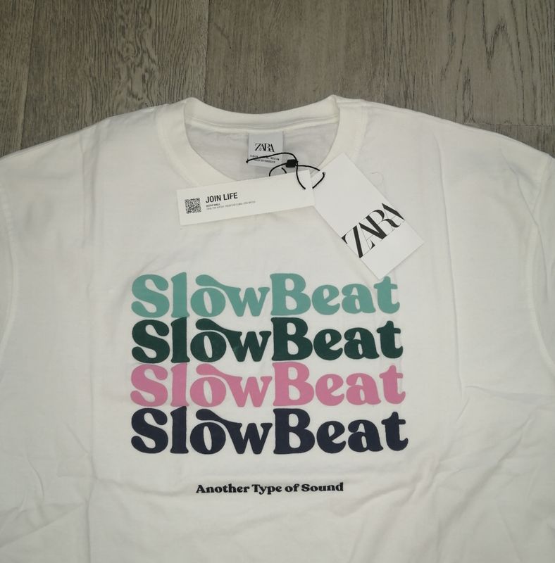 ZARA Men's "SlowBeat" Graphic T-Shirt – White – 100% Cotton – Sizes S-XL – New