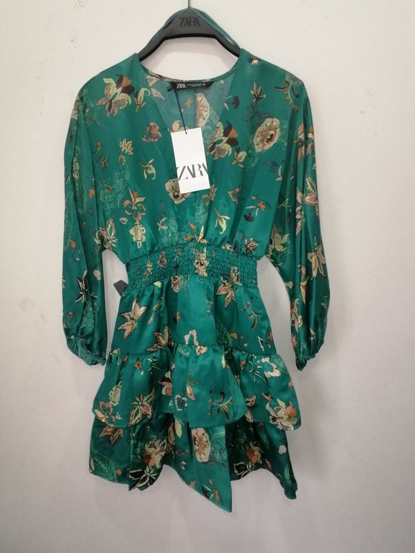 ZARA Women's Long-Sleeve Dress – Green – 100% Polyester – New