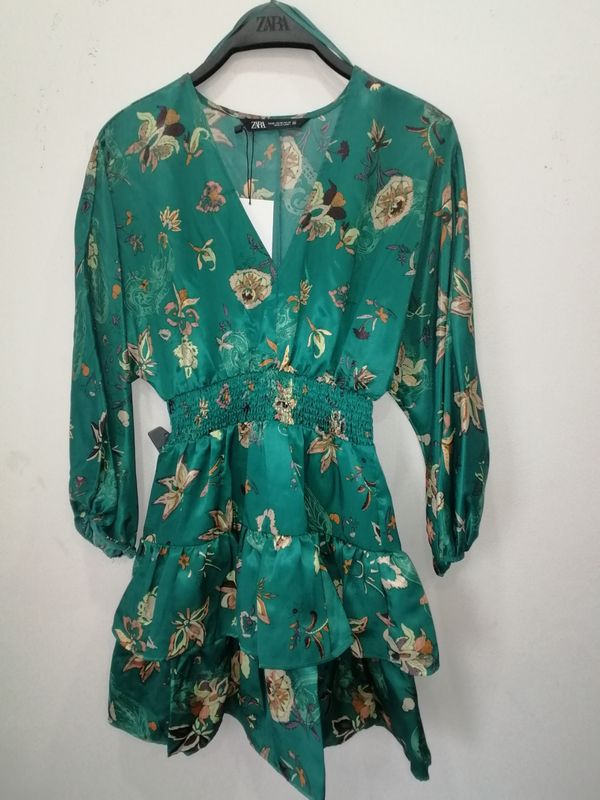 ZARA Women's Long-Sleeve Dress – Green – 100% Polyester – New
