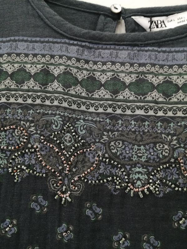 ZARA Women's Printed Long-Sleeve Beaded Top – 100% Cotton – New