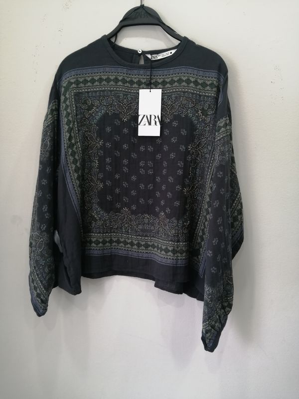 ZARA Women's Printed Long-Sleeve Beaded Top – 100% Cotton – New