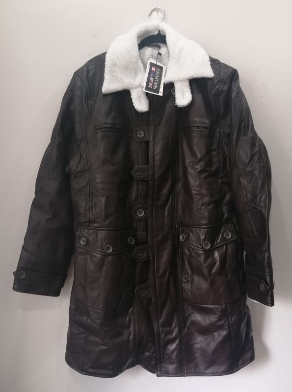 Bane-Inspired Distressed Brown Real Leather Trench Coat with Faux Shearling Lining – Men's – New