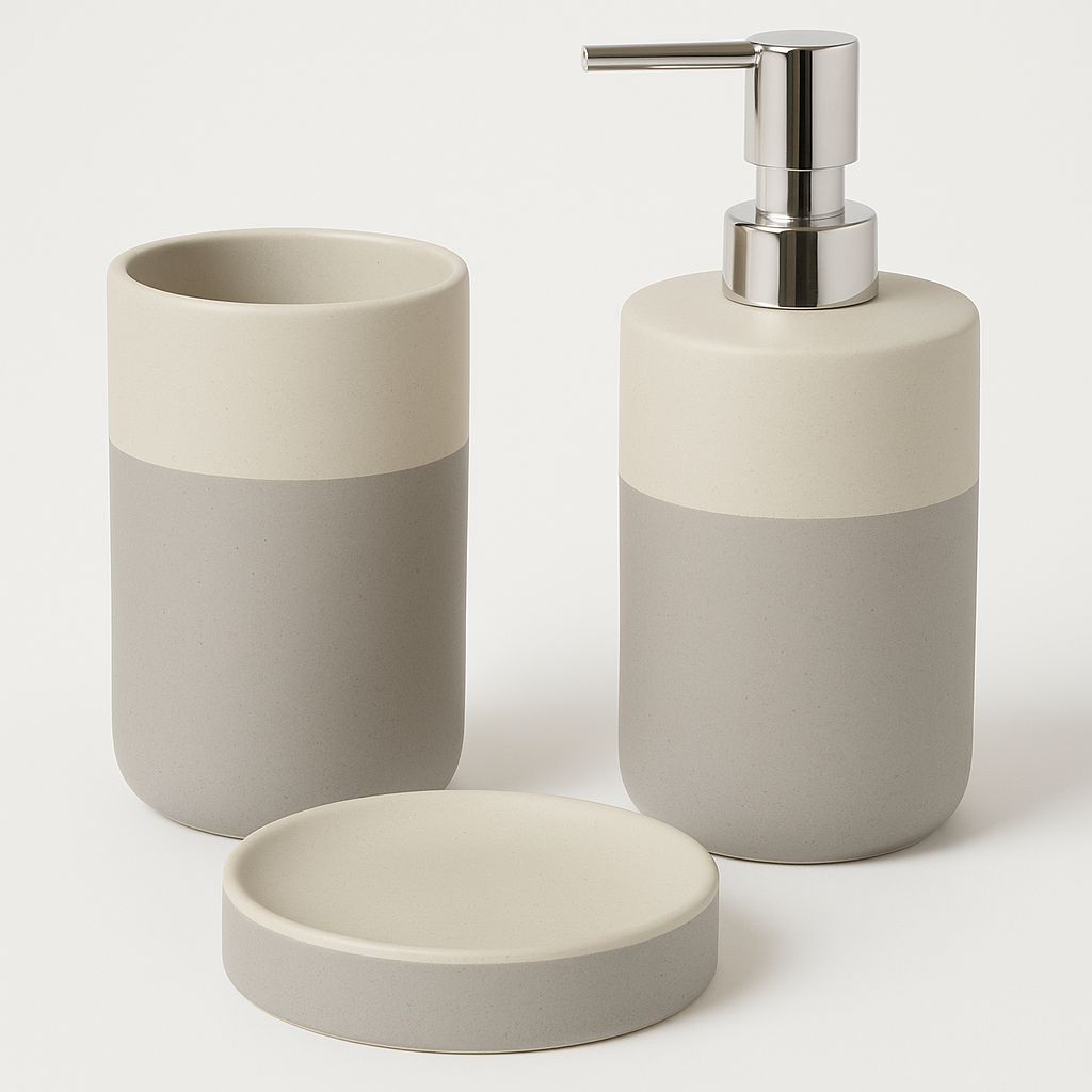 Harman 3-Piece Ceramic Bathroom Set – Tonal Grey (Dispenser, Tumbler, Soap Dish)