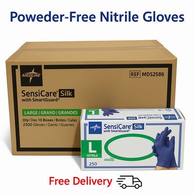 2500 Pieces of Medline SensiCare Silk Nitrile Gloves | Powder-Free, SmartGuard Protection | Ideal for Medical, Food Handling, Cleaning &amp; Industrial Use | MDS2585 | MDS2586