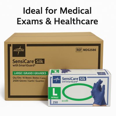 2500 Pieces of Medline SensiCare Silk Nitrile Gloves | Powder-Free, SmartGuard Protection | Ideal for Medical, Food Handling, Cleaning &amp; Industrial Use | MDS2585 | MDS2586