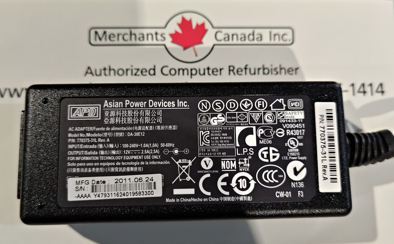 Asian Power Devices APD​ AC Adapter​ | DA-30E12 | 770375-31L Rev. A | 100-240V-1.0A 50-60Hz | 12V 2.5A | New