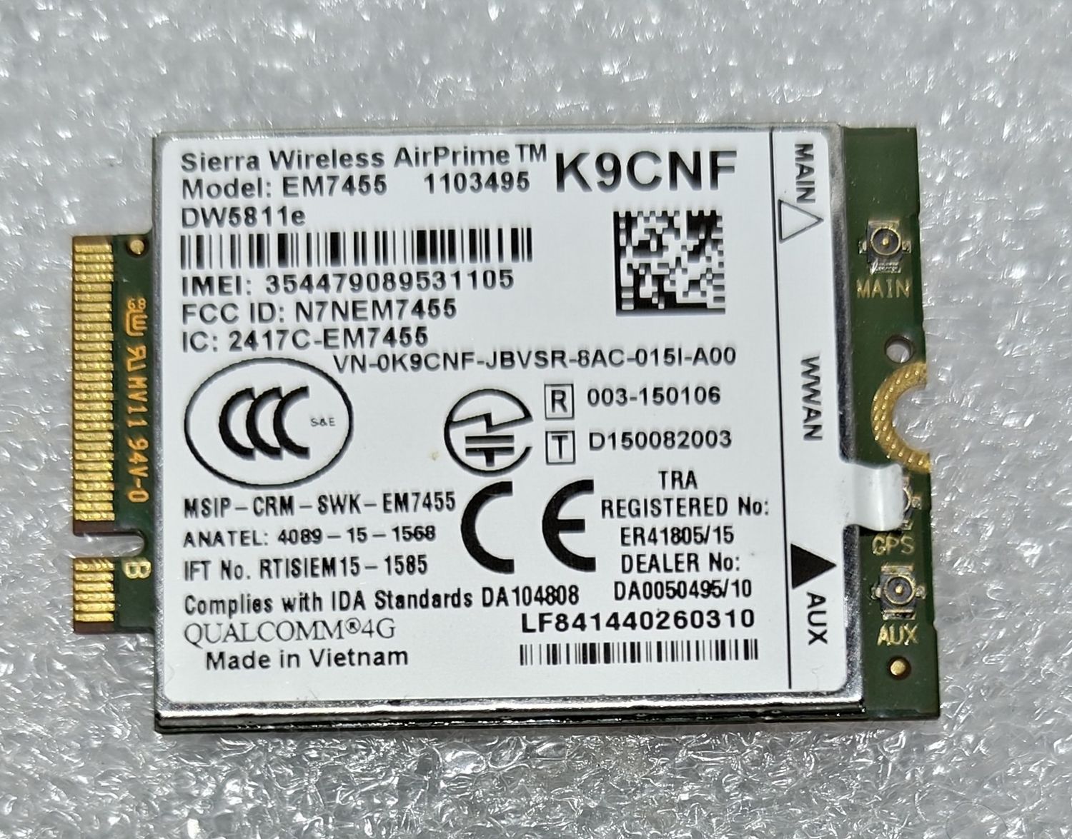 MR7VT | 3P10Y | K9CNF | EM7455 | DW5811e | Dell Sierra Wireless AirPrime | Dell Mobile Broadband Wireless Card