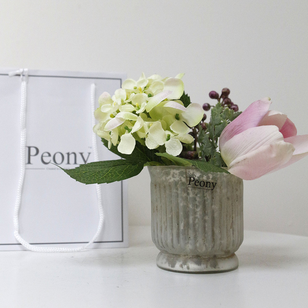 Tulips, Hydrangeas and Berries in a white Antique Votive Vase - Pale Pink Tulips, Hydrangeas and Berries in a white Antique Votive Vase - Pale Pink