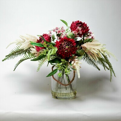 Chrysanthemums, Astrantia and Astilbe with Foliage in a Rope Lantern Chrysanthemums, Astrantia and Astilbe with Foliage in a Rope Lantern