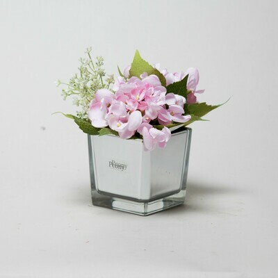 Pink Hydrangea and Eucalyptus seed in a mirror cube Pink Hydrangea and Eucalyptus seed in a mirror cube