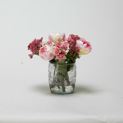Pink Tulips and Astrantia in textured pink beaker vase Pink Tulips and Astrantia in textured pink beaker vase