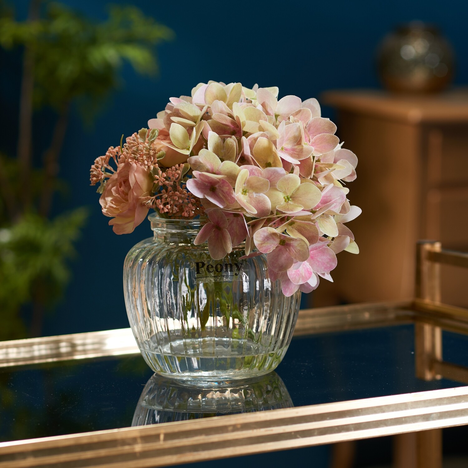 Hydrangea, Ranuncula and Patrinia in Optic Jar Vase Hydrangea, Ranuncula and Patrinia in Optic Jar Vase