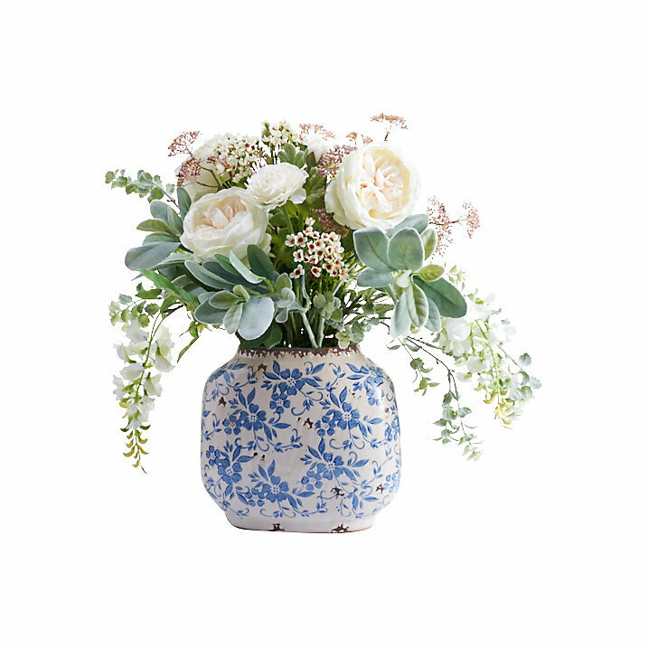 Rose, Ranunula, Wisteria and Foliage in Vintage Blue and White Pot Rose, Ranunula, Wisteria and Foliage in Vintage Blue and White Pot