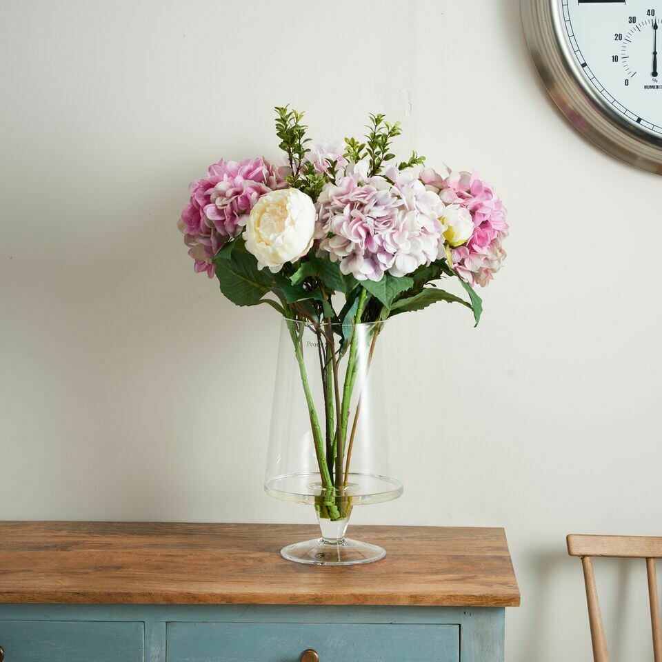 Real Touch Hydrangea, Peony and Foliage in a Large Angled Footed Vase Real Touch Hydrangea, Peony and Foliage in a Large Angled Footed Vase