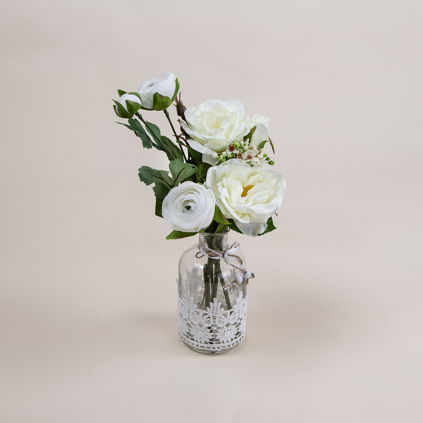 Rose, Ranuncula and Waxflower in a Lace Bottle Vase Rose, Ranuncula and Waxflower in a Lace Bottle Vase