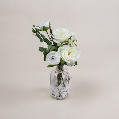 Rose, Ranuncula and Waxflower in a Lace Bottle Vase Rose, Ranuncula and Waxflower in a Lace Bottle Vase