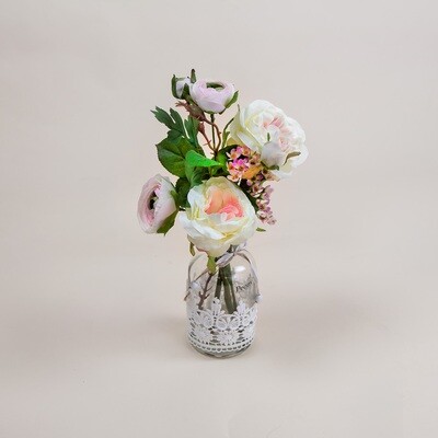 Rose, Ranuncula and Waxflower in a Lace Bottle Vase Rose, Ranuncula and Waxflower in a Lace Bottle Vase