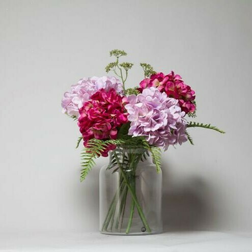 Hydrangeas with Patrina and Ferns in a Hampton vase - Lilac and Fuchsia Hydrangeas with Patrina and Ferns in a Hampton vase - Lilac and Fuchsia