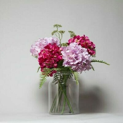 Hydrangeas with Patrina and Ferns in a Hampton vase - Lilac and Fuchsia Hydrangeas with Patrina and Ferns in a Hampton vase - Lilac and Fuchsia
