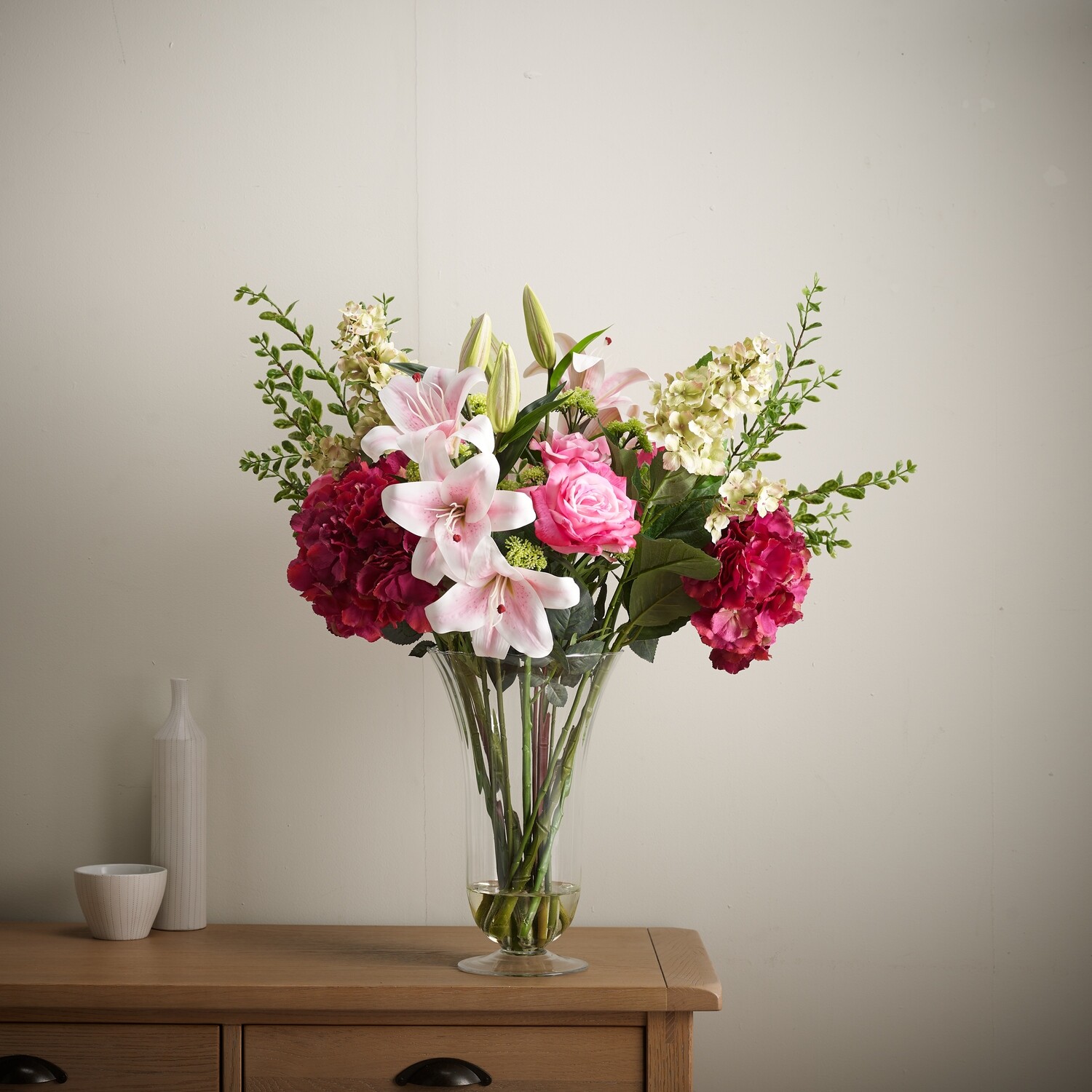 Hydrangea, Rose and Lily Mix in a Trumpet Vase Hydrangea, Rose and Lily Mix in a Trumpet Vase