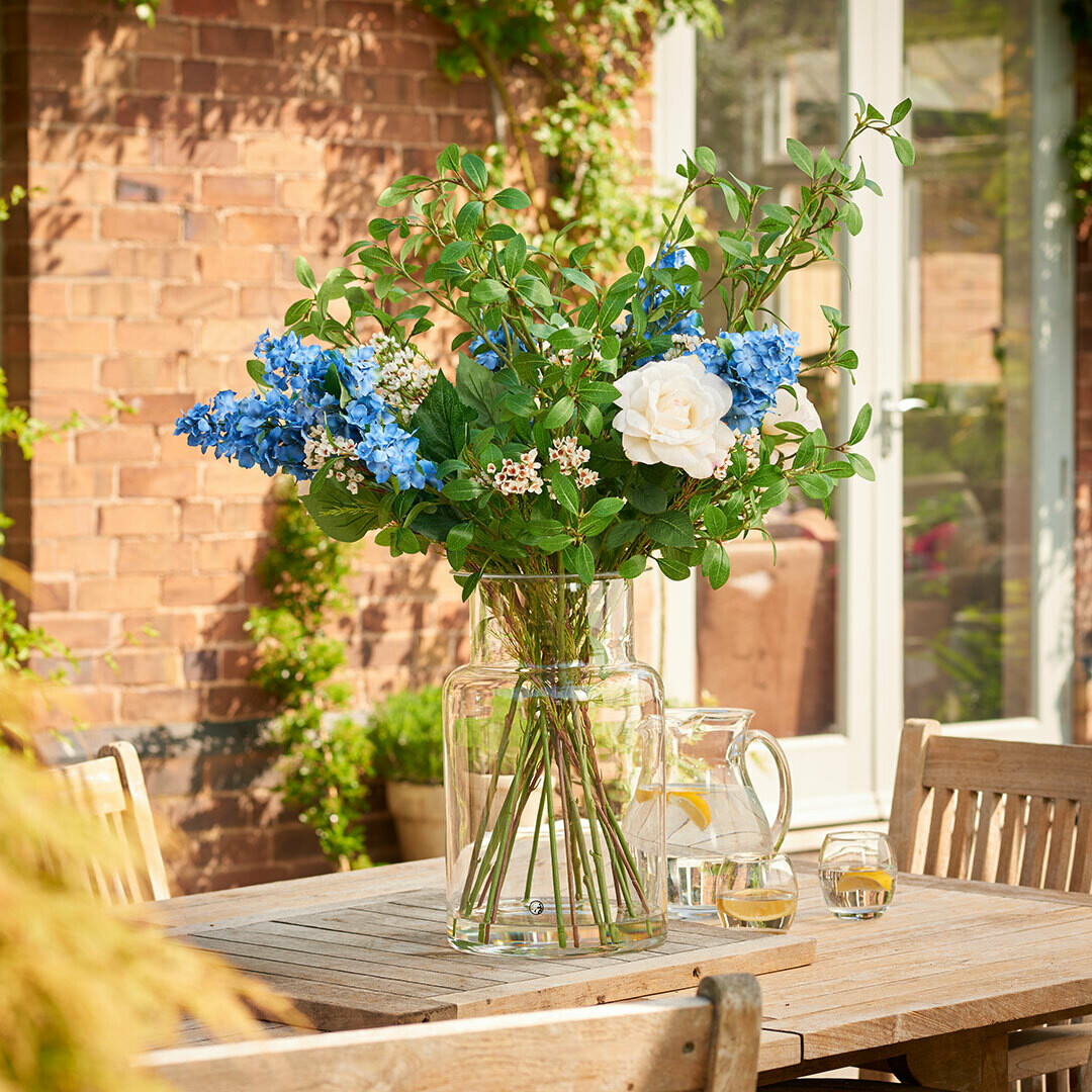 Conehead Hydrangea, Rose and Foliage in a Contemporary Beaker Vase Conehead Hydrangea, Rose and Foliage in a Contemporary Beaker Vase