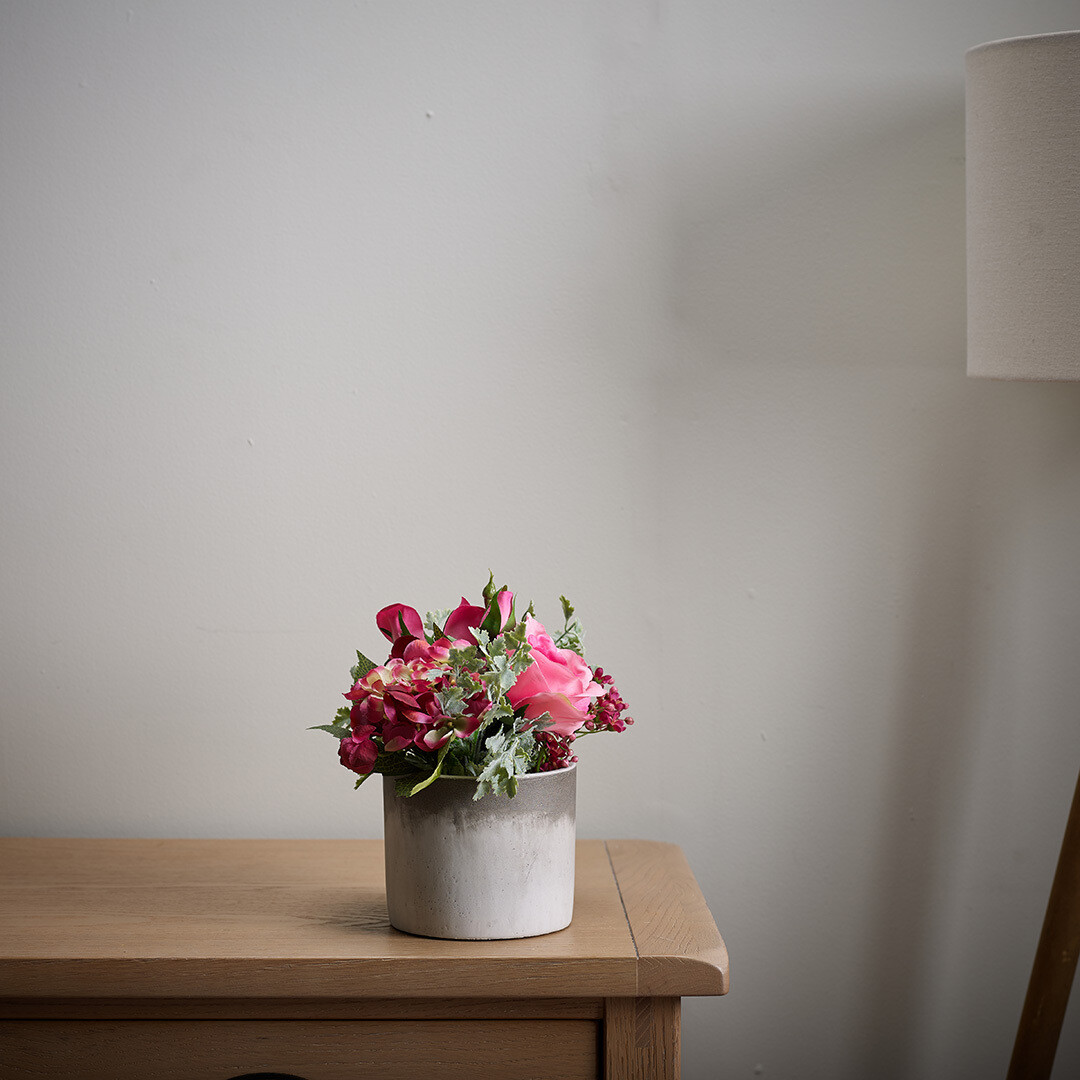 "Rose, Hydrangea and Foliage in a Two-Tone Cement Pot" "Rose, Hydrangea and Foliage in a Two-Tone Cement Pot"