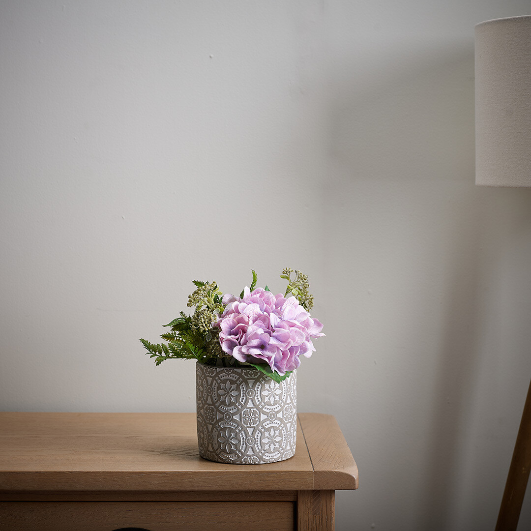 Hydrangea & Fern in Textured Cement Cylinder Hydrangea & Fern in Textured Cement Cylinder
