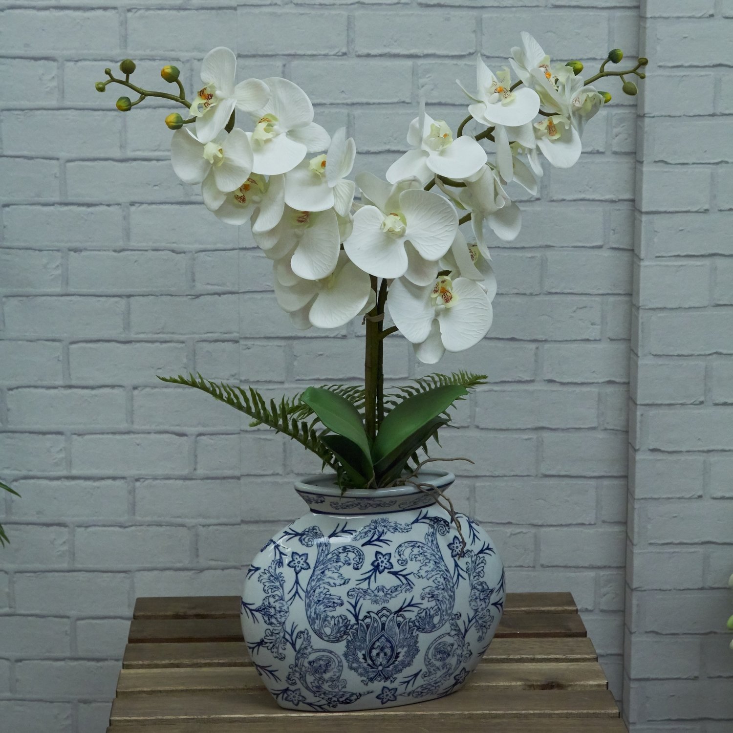Artificial Phalaenopsis Orchid in a blue and white pot- White Artificial Phalaenopsis Orchid in a blue and white pot- White