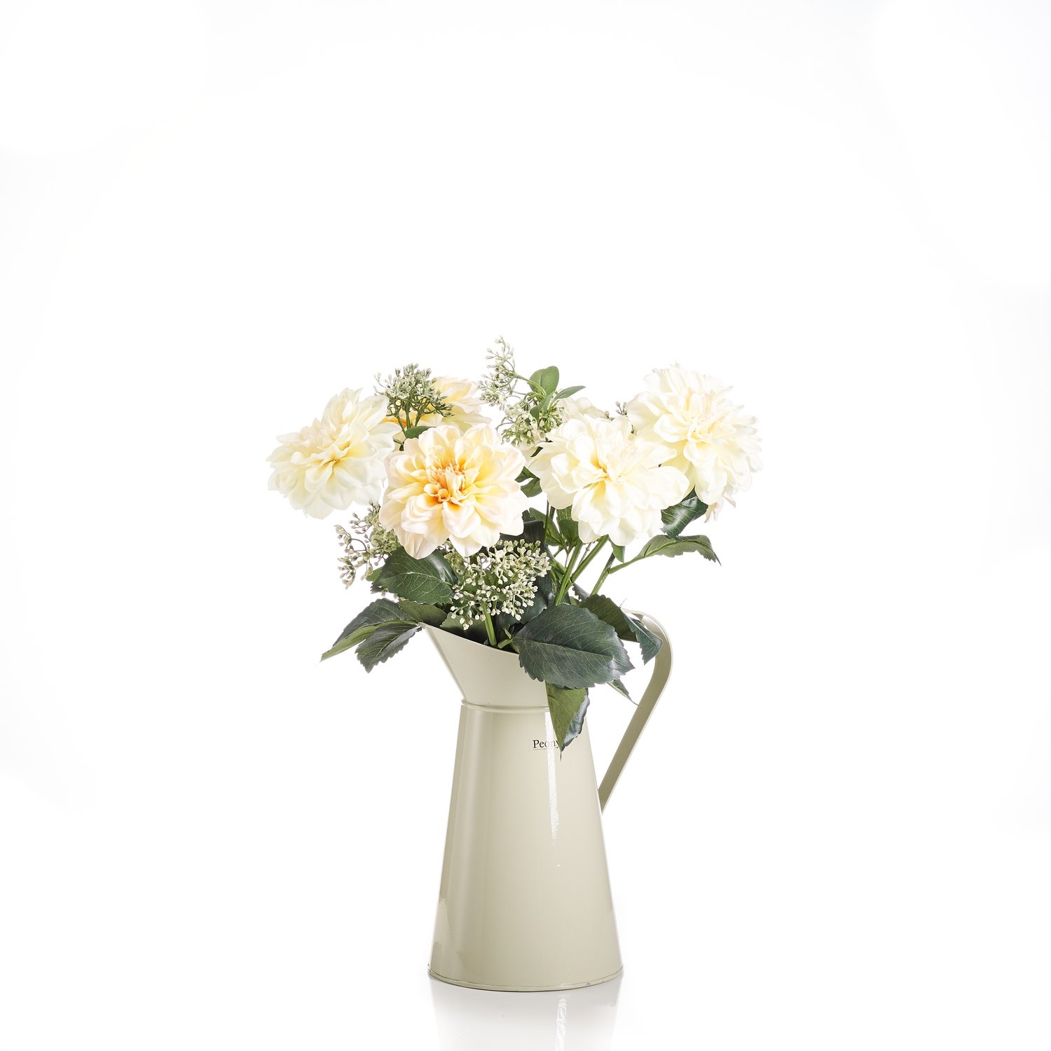 Artificial Dahlias & Achillea in a large green metal jug- Yellow Artificial Dahlias & Achillea in a large green metal jug- Yellow