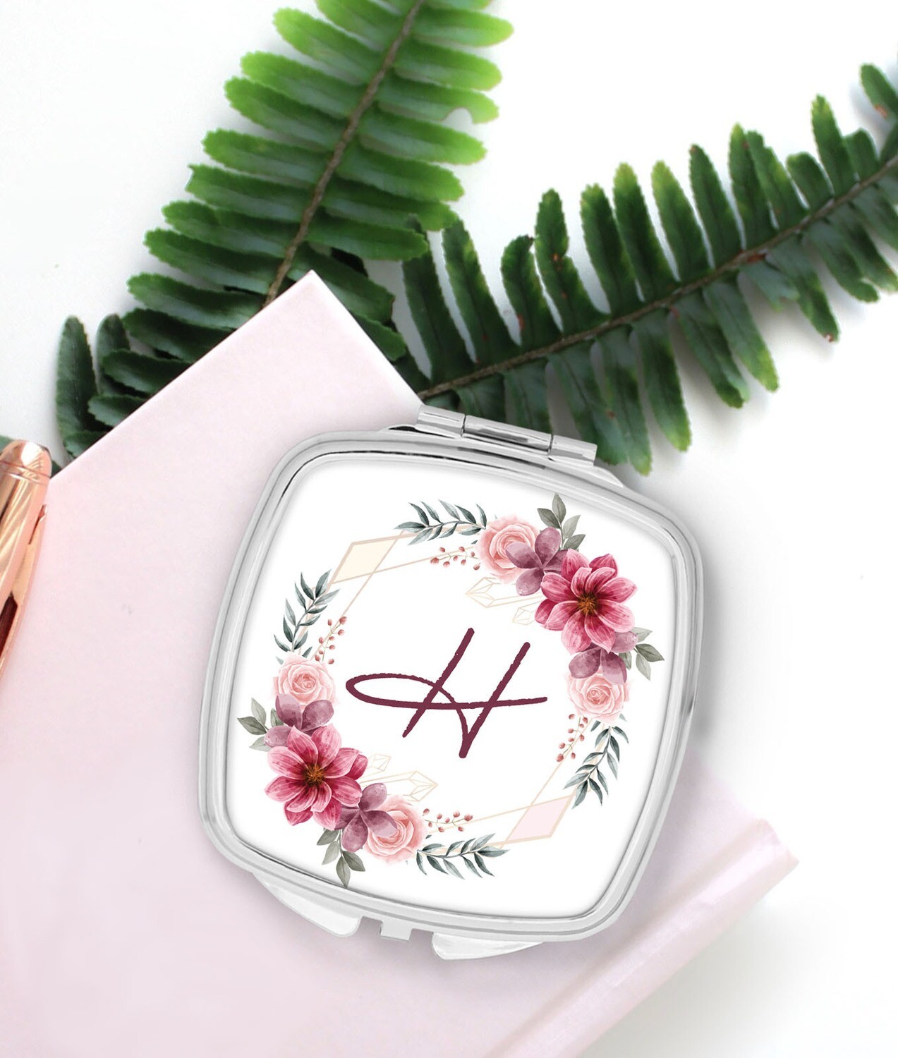 Personalized Pink Wreath Pocket Mirror