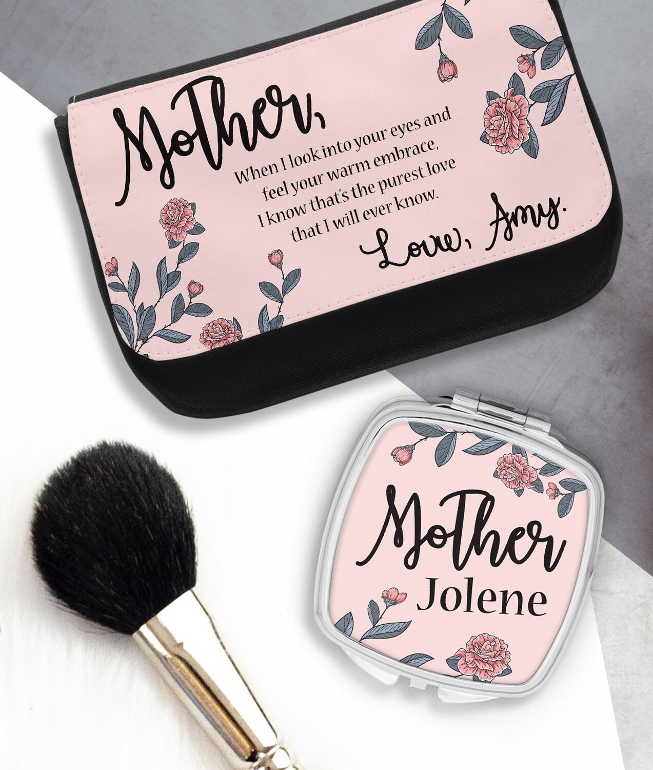 Personalized Pink Rose Mirror & Cosmetic Bag