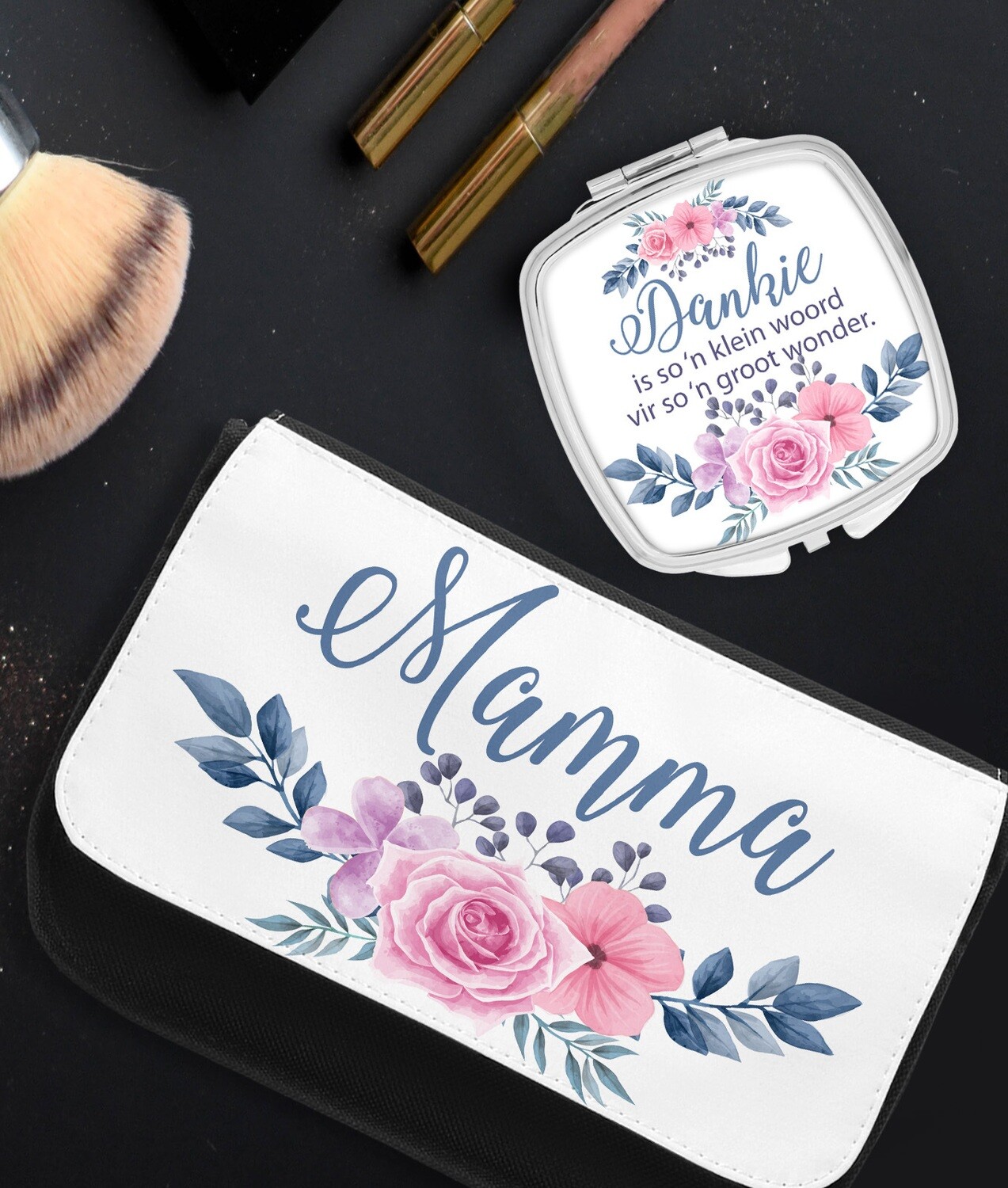 Personalized Floral Pocket Mirror &amp; Cosmetics Bag