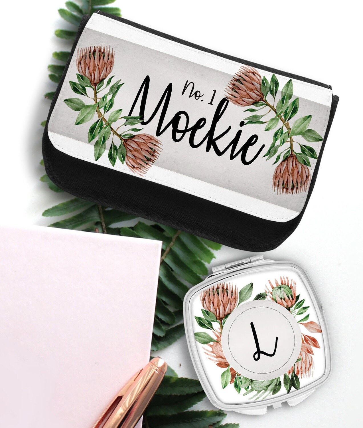 Personalized Protea Pocket Mirror & Cosmetics Bag