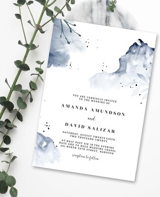 Personalized Blue Water Colour Wedding Invite & Save The Date