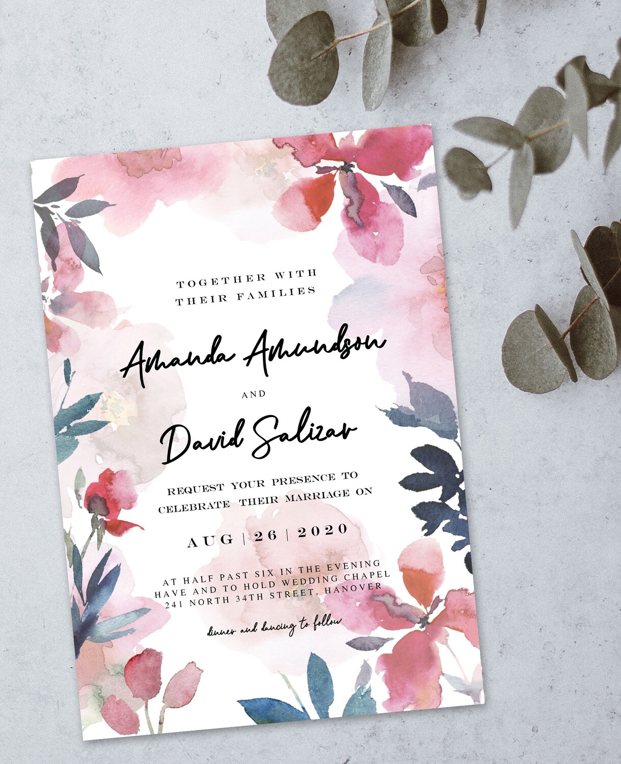 Personalized Floral Water Colour Wedding Invite & Save The Date