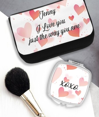 Personalized Hearts Mirror & Cosmetic Bag
