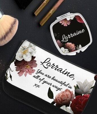 Personalized Floral Mirror & Cosmetic Bag