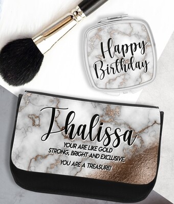 Personalized Marble Mirror & Cosmetic Bag