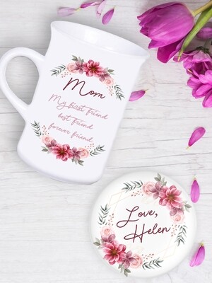 Personalised Wreath Tea Mug &amp; Coaster Set
