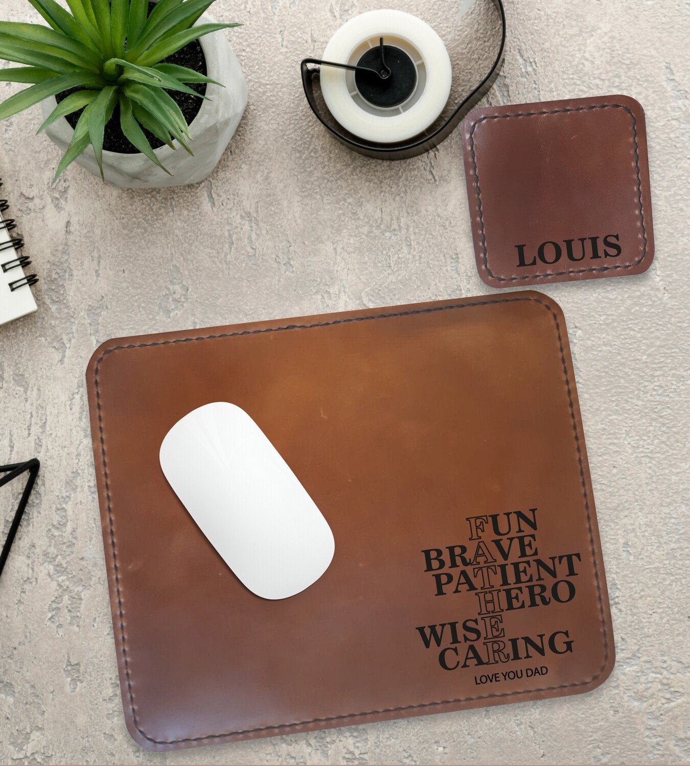 Personalised Father Genuine Leather Mouse Pad &amp; Coaster Set