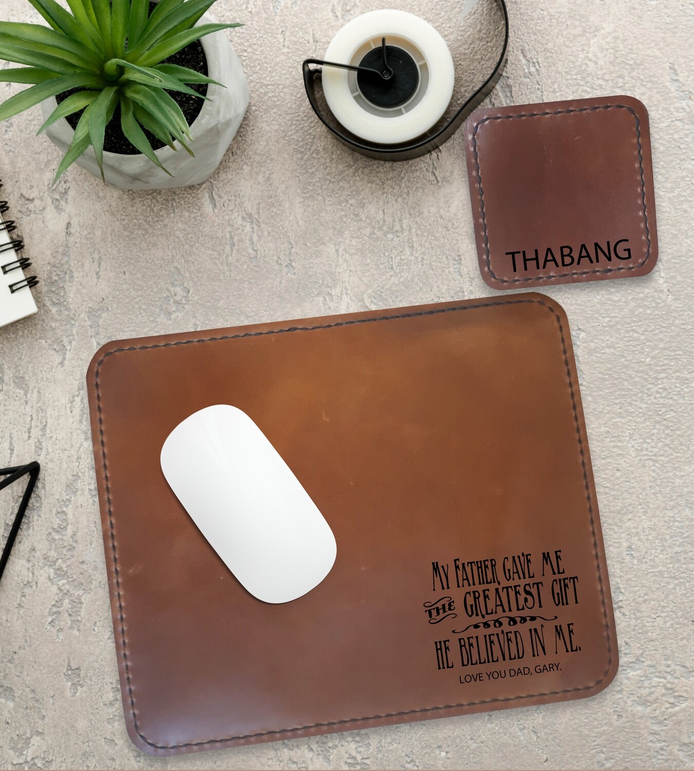 Personalised Believed Genuine Leather Mouse Pad & Coaster Set