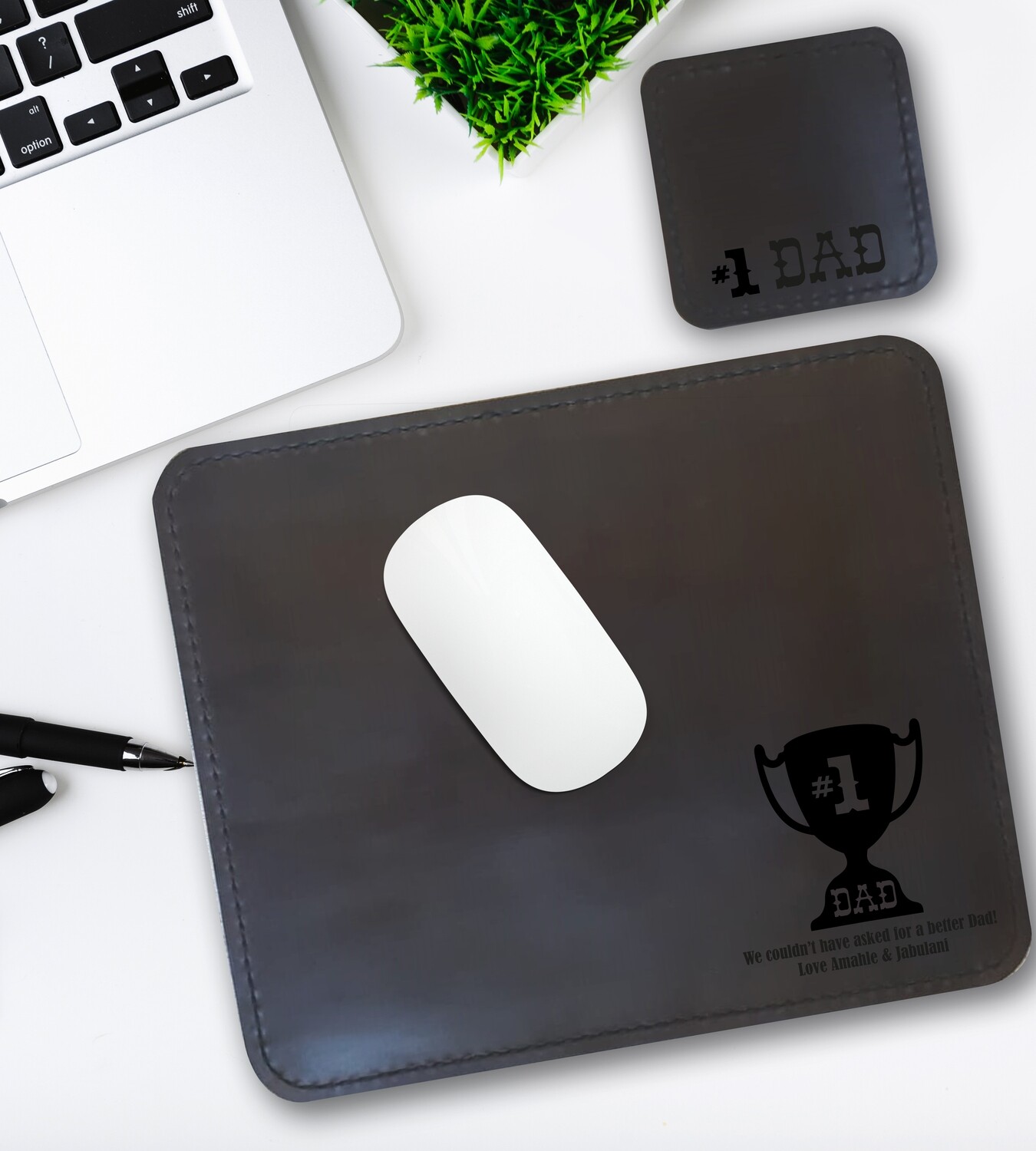 Personalised #1 Dad Genuine Leather Mouse Pad & Coaster Set