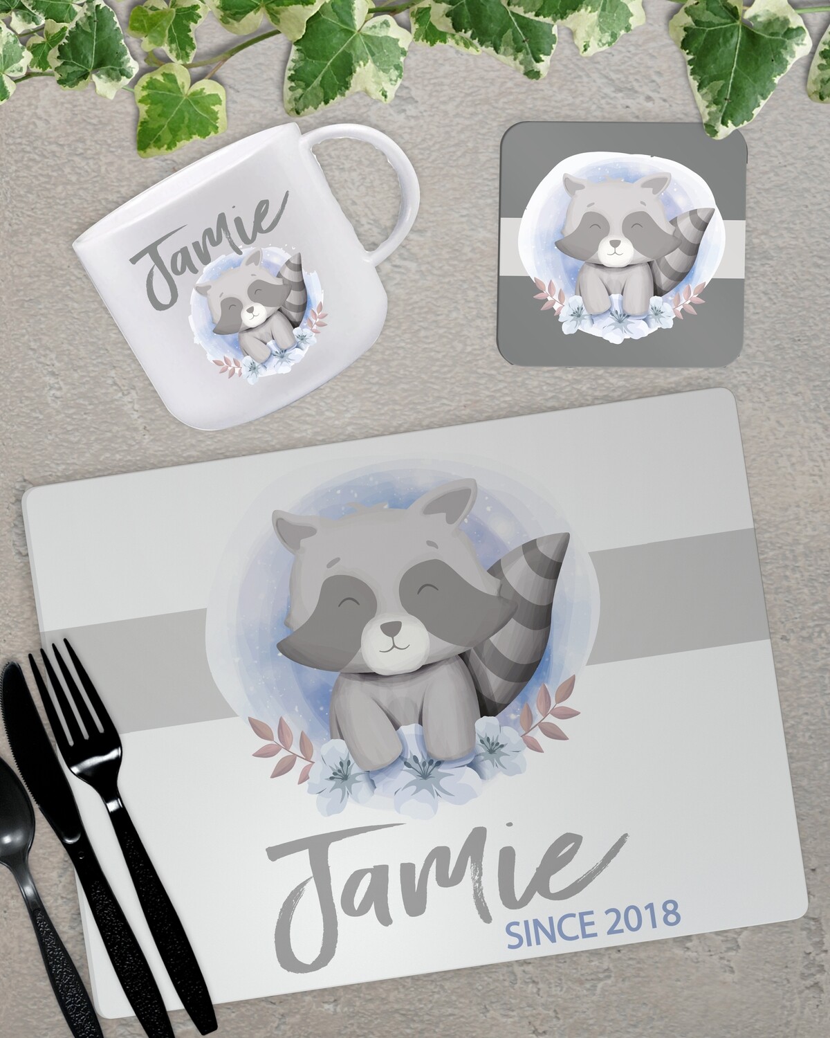 Personalised Kids Racoon Placemat Set