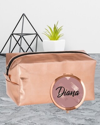 Personalised Rose Gold Cosmetic Bag & Mirror Set