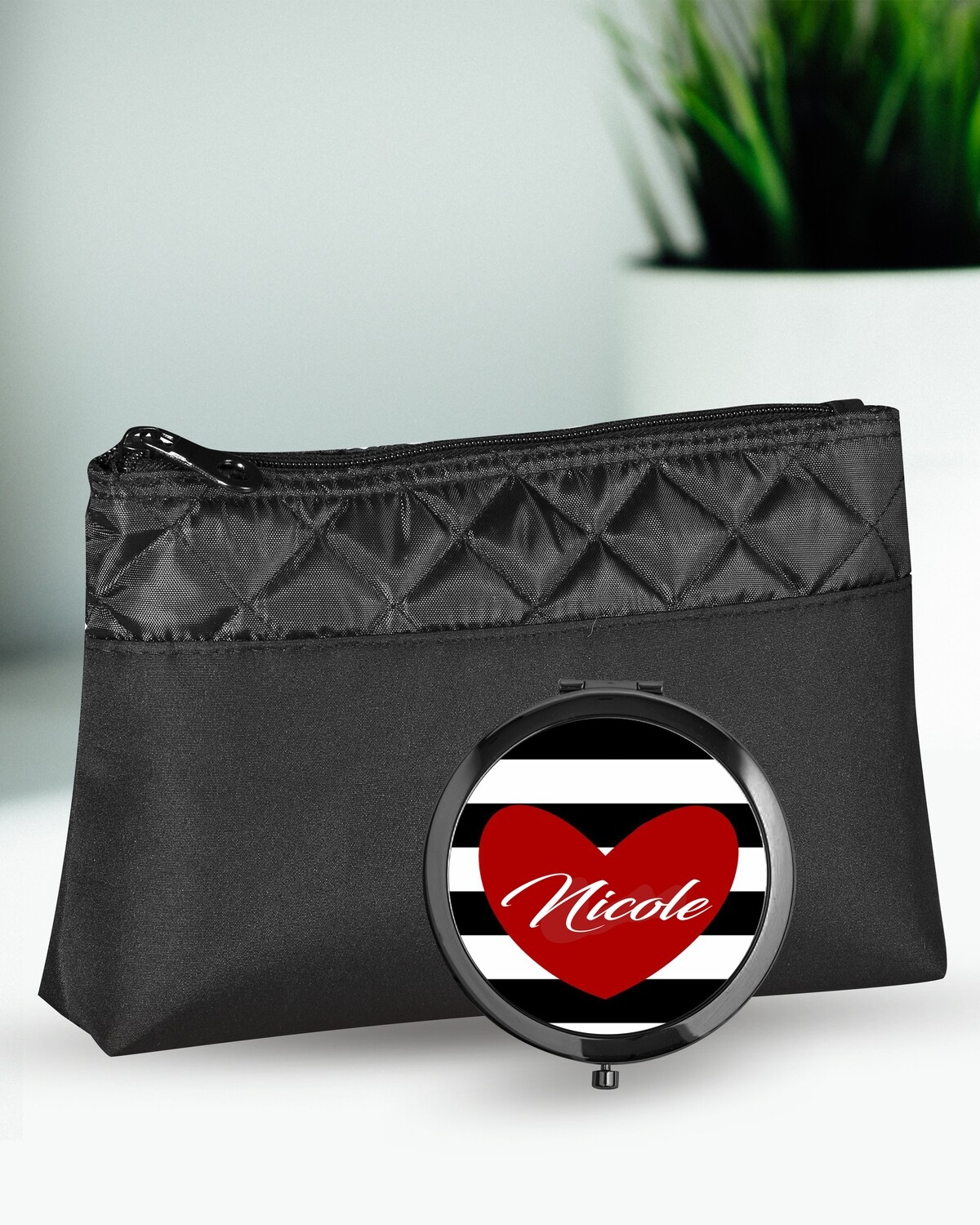 Personalised Heart Cosmetic Bag & Mirror Set