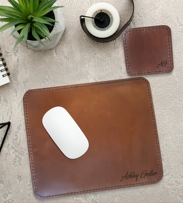 Personalised Name Genuine Leather Mouse Pad &amp; Coaster Set