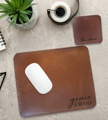 Personalised Hustle Genuine Leather Mouse Pad &amp; Coaster Set