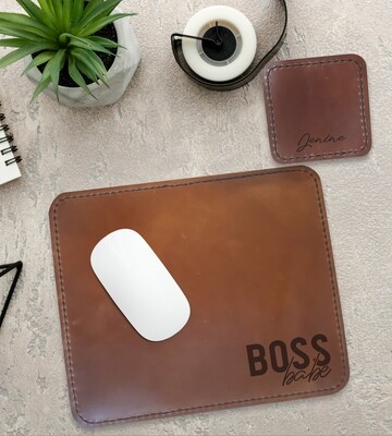 Personalised Boss Babe Genuine Leather Mouse Pad & Coaster Set