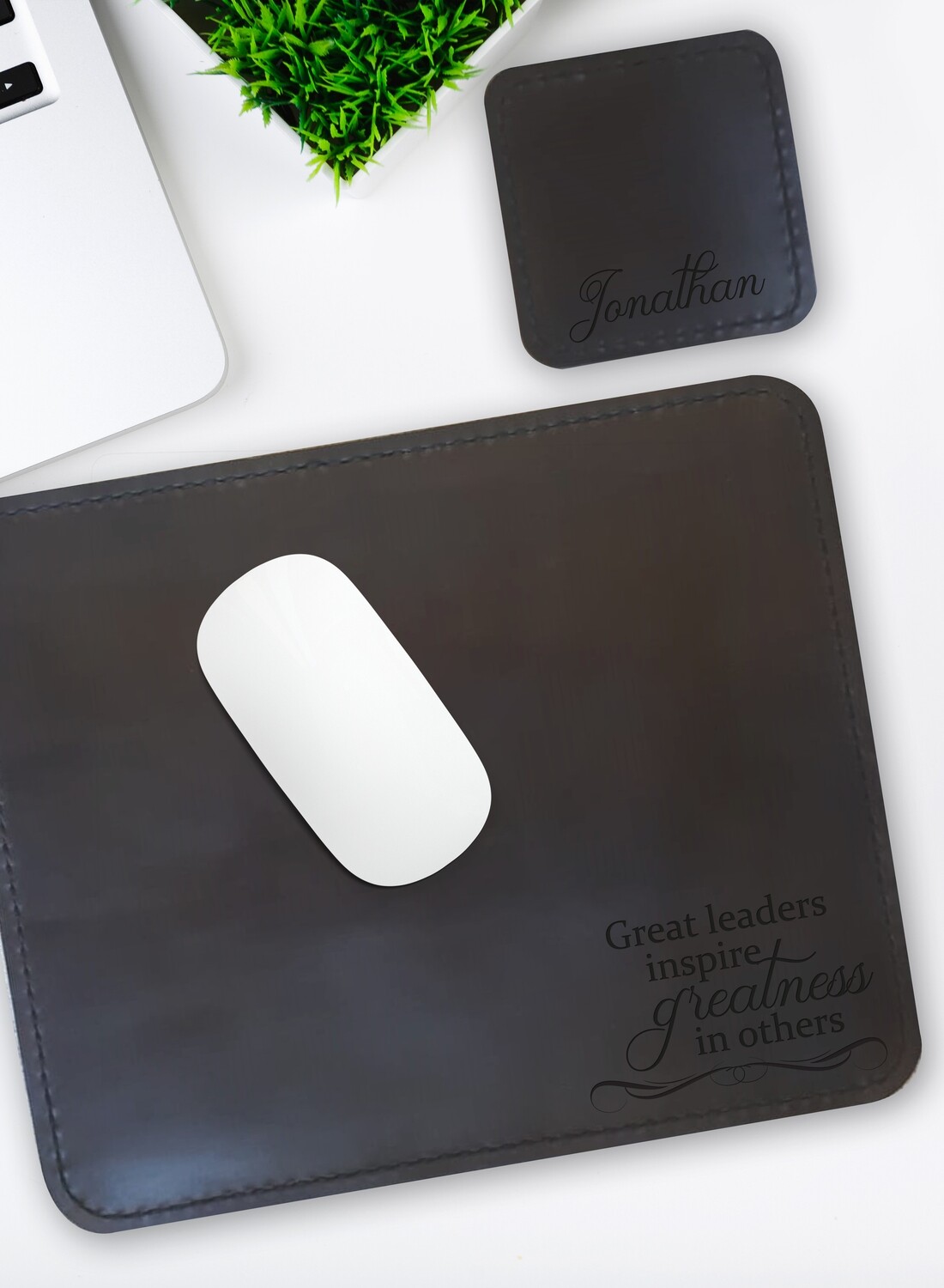 Personalised Greatness Genuine Leather Mouse Pad &amp; Coaster Set